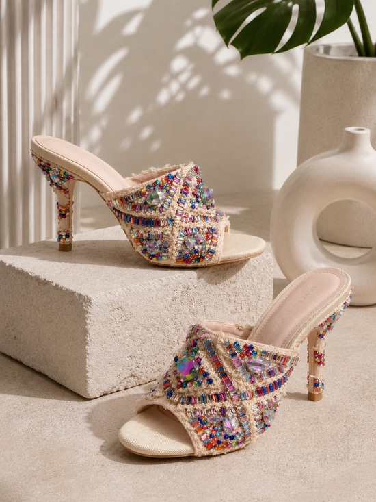 Azalea Wang Shoes - Azalea Wang Jeweled Crystal Slide Heels | Multicolor Statement Mules - Size 6.5